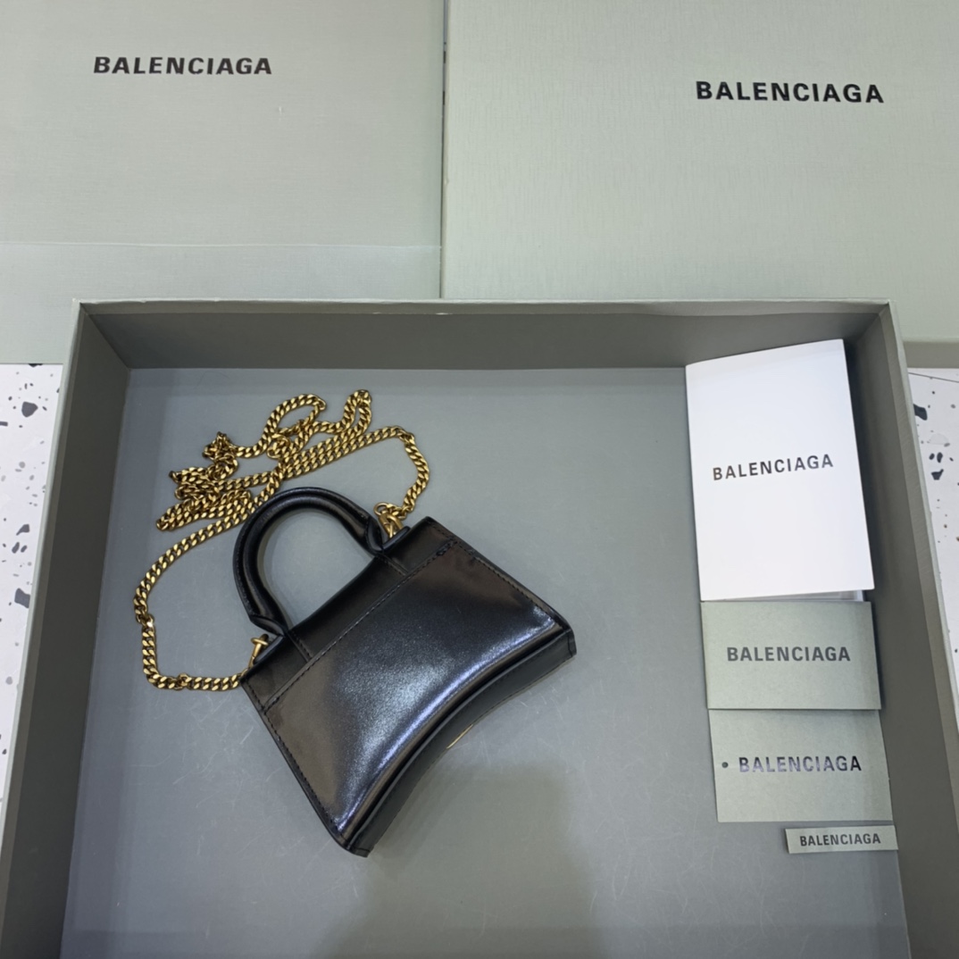 Balenciaga Hourglass Mini Handbag With Chain Calfskin Shoulder Bag Black